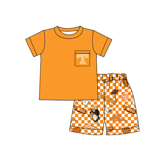 Baby Boy Short Sleeves Orange Shirt Dogs Checked Team Shorts Set ( Moq 5 )