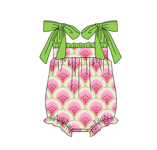 ( Moq 5 ) Preorder Baby Girls Infant Bows Straps Watermelon Bubble Romper Clothes