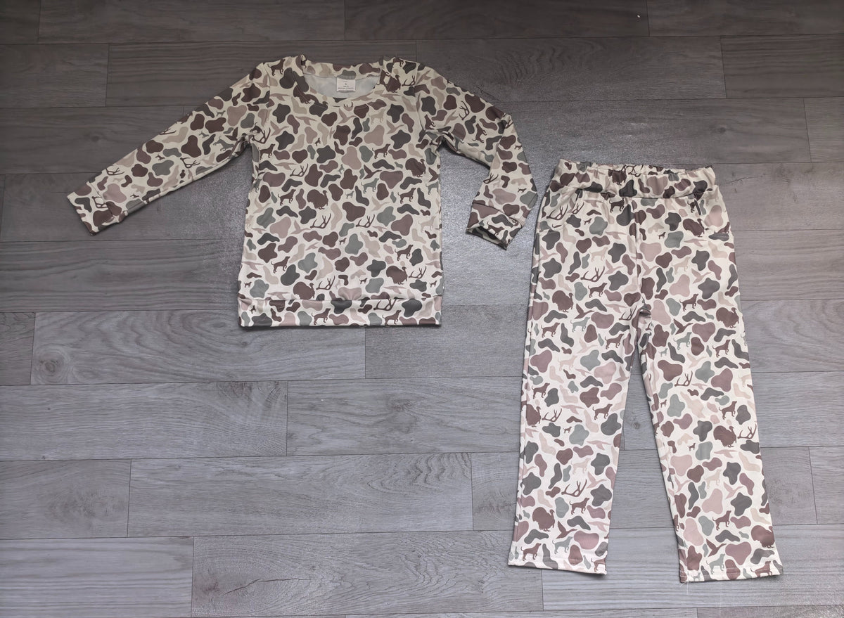 ( No moq ) Preorder Baby Girls Kids Deer Ducks Dogs Shirt Camo Pockets Pants Set Clothes