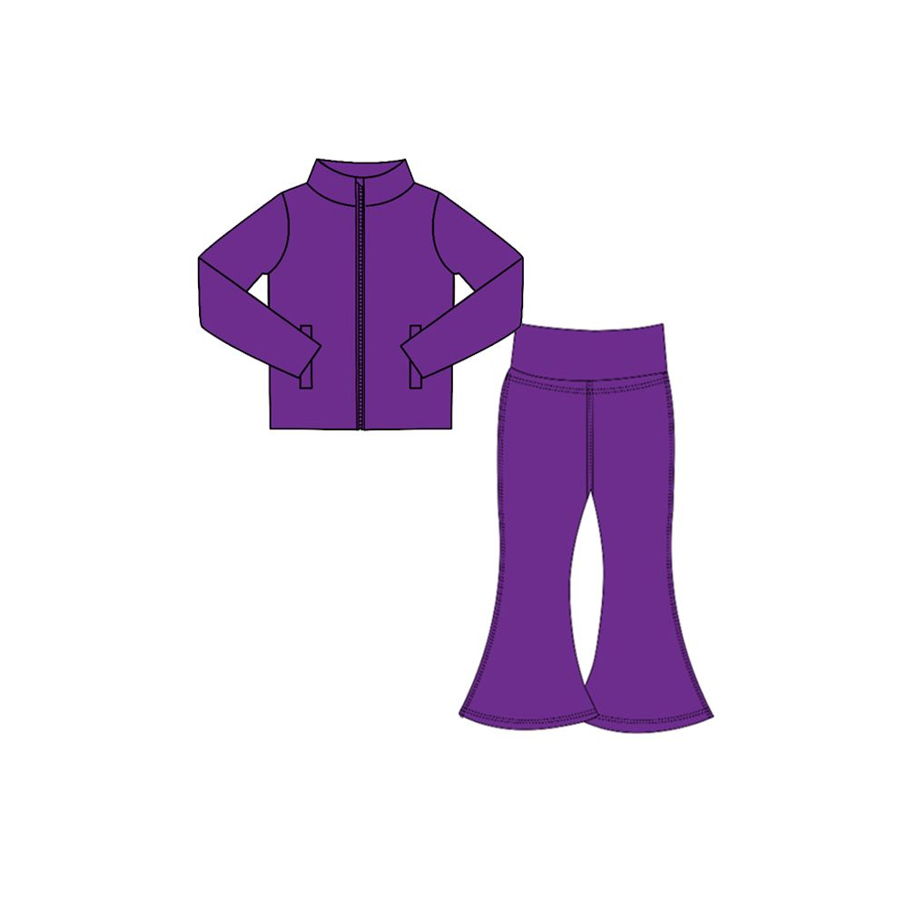 ( Moq 5 ) Preorder Baby Girls Kids Pockets Zipper Purple Cardigan Tops Pants Set Yoga Active Clothes