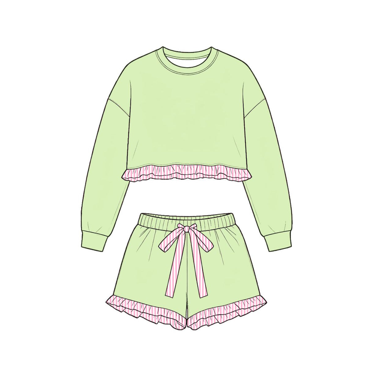 ( Moq 5 ) Preorder Baby Girls Kids Long Sleeves Green Shirt Stripes Shorts Set Cotton Clothes