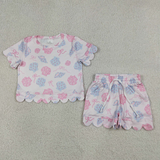 Baby Girls Kids Short Sleeves Shell Bows Shirt Scallop Shorts Set Clothes RTS