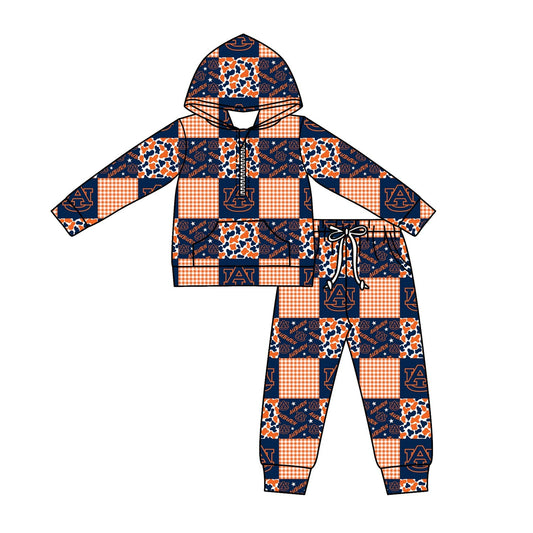 ( Moq 5 ) Baby Kids Orange Long Sleeves Zipper Pullover Pockets Camo Plaid Pants Team Clothes Set