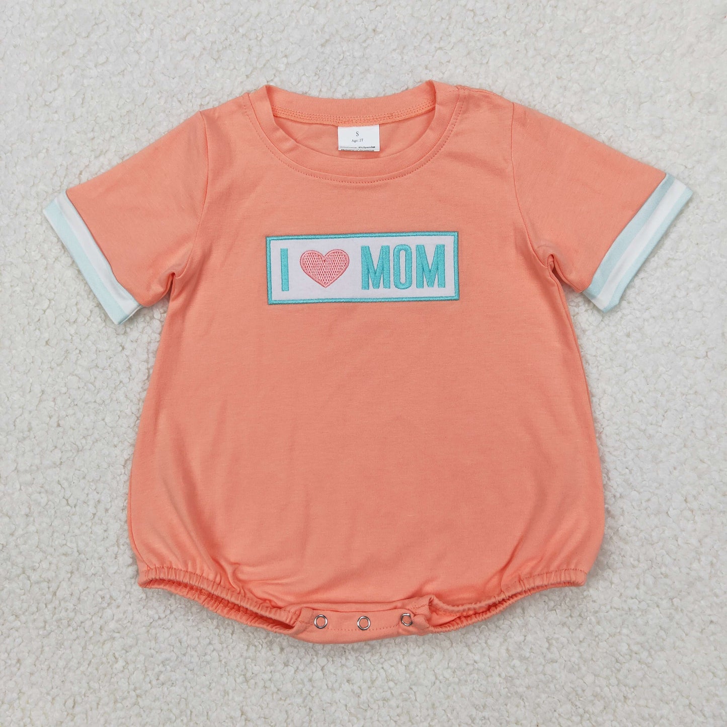 Baby Girl Infant Short Sleeves Embroidery I LOVE MOM Orange Ruffle Bubble Romper RTS