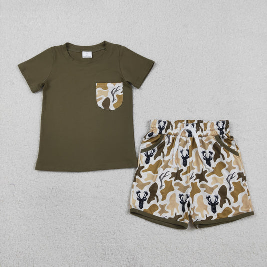 Baby Boys Kids Short Sleeves Shirt Deer Camo Pockets Shorts Clothes Set RTS