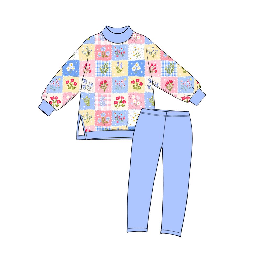 ( Moq 5 ) Preorder Baby Girls Toddler Flower Plaid Tops Leggings Yoga Active Set Mock Neck Clothes