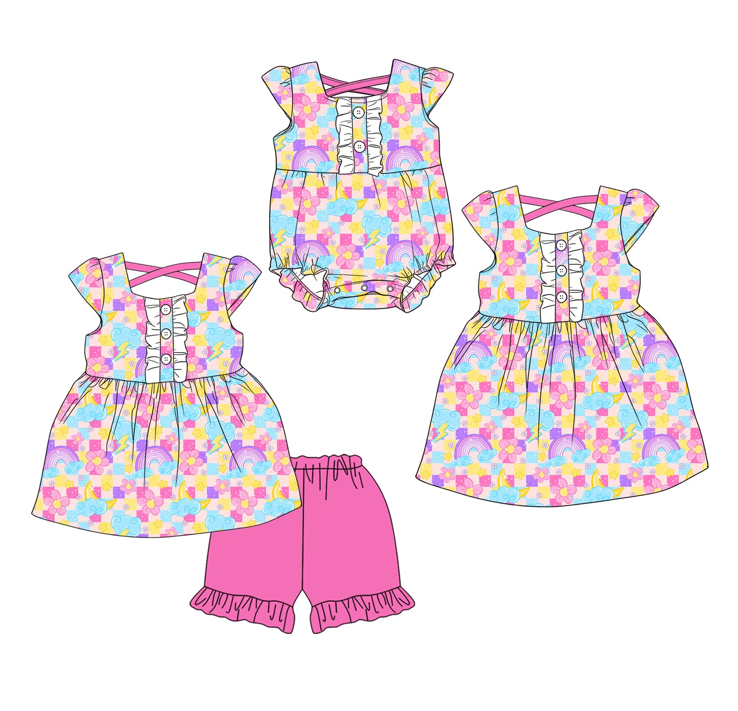 ( Moq 5 Each Style ) Baby Girls Kids Short Sleeves Rainbow Flower Plaid Sibling Romper Dress Set