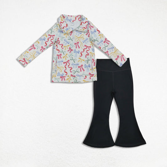 Kids Girls Long Sleeves Bows Zipper Pockets Cardigan Black Pants Yoga Active Set RTS