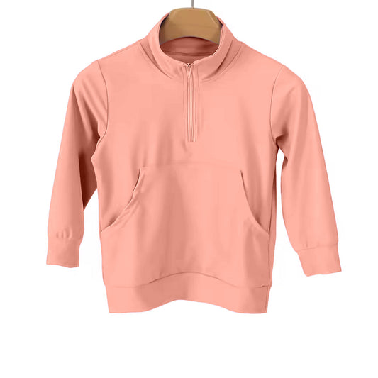 ( Moq 5 ) Preorder Baby Girls Kids Long Sleeves Pocket Zipper Yoga Pullover Peach Shirt