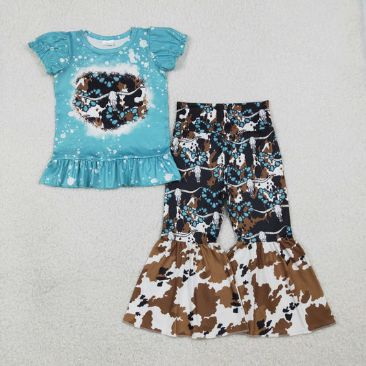 Baby Girls Kids Short Sleeves Shirt Western Turquoises Cow Bell Pants Set RTS