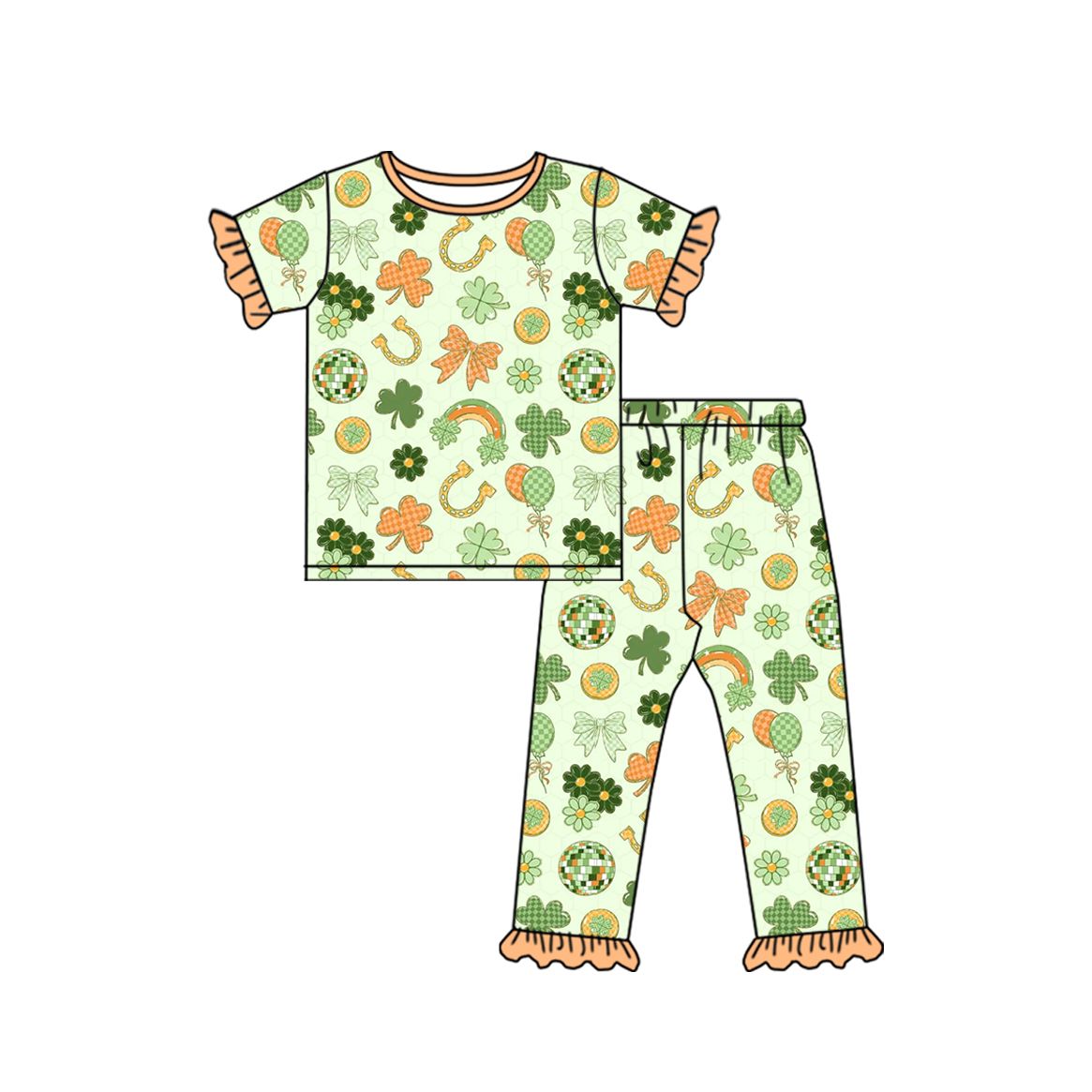 ( Moq 5 ) Preorder Baby Girls Kids Clovers Bows Shirt Pants St Patrick Set Pajamas Clothes