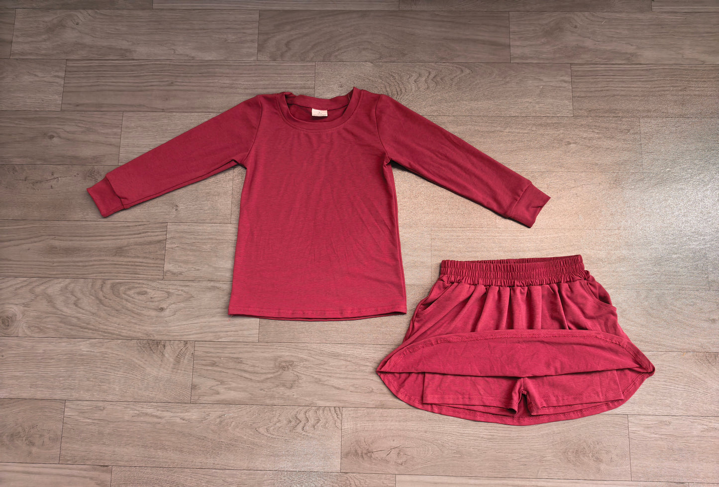 ( Moq 5 ) Preorder Baby Girls Kids Long Sleeves Shirt Cotton Pockets Skirt Shorts Set Clothes