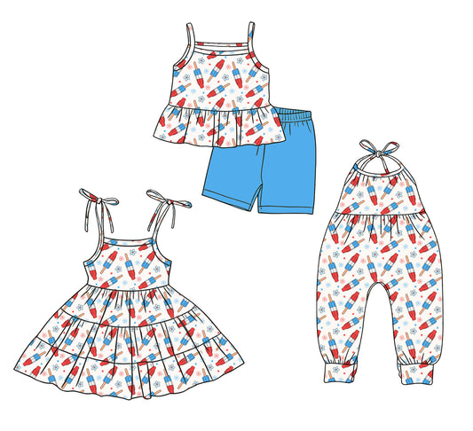 ( Moq 5 Each Style ) Baby Girls Kids Popsicles Flower Sibling 4th of July Dress Set Jumpsuit