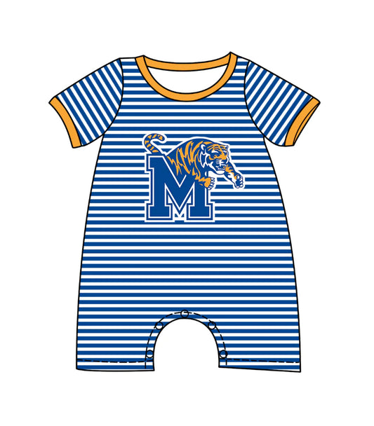 ( Moq 5 ) Baby Boys Kids Short Sleeves Blue Stripes Tiger Team Romper
