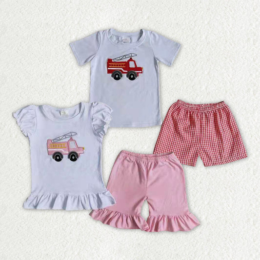 Baby Boy Girl Short Sleeves Embroidery Trucks Shirt Shorts Sibling Clothes Set RTS