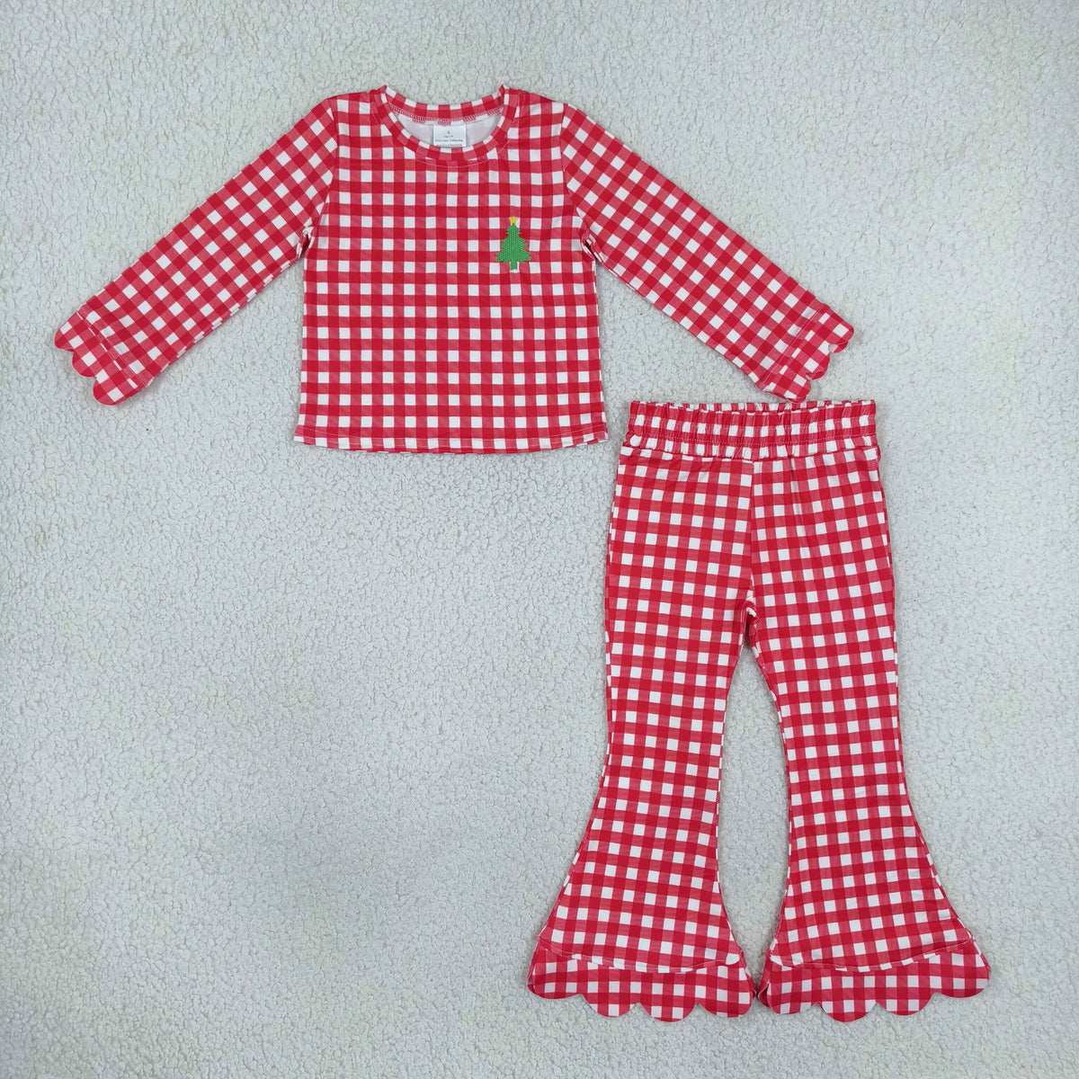 Baby Girls Kids Embroidery Christmas Tree Scallop Tops Red Plaid Pants Set RTS