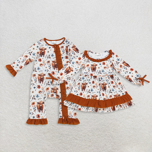 Sibling Baby Girls Long Sleeves Cow Flower Western Ruffle Zipper Romper Dress RTS