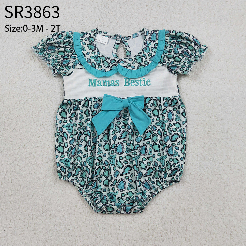 Baby Girls Embroidery Smocked Mama's Bestie Turquoise Print Green Bows Western Summer Bubble Romper RTS
