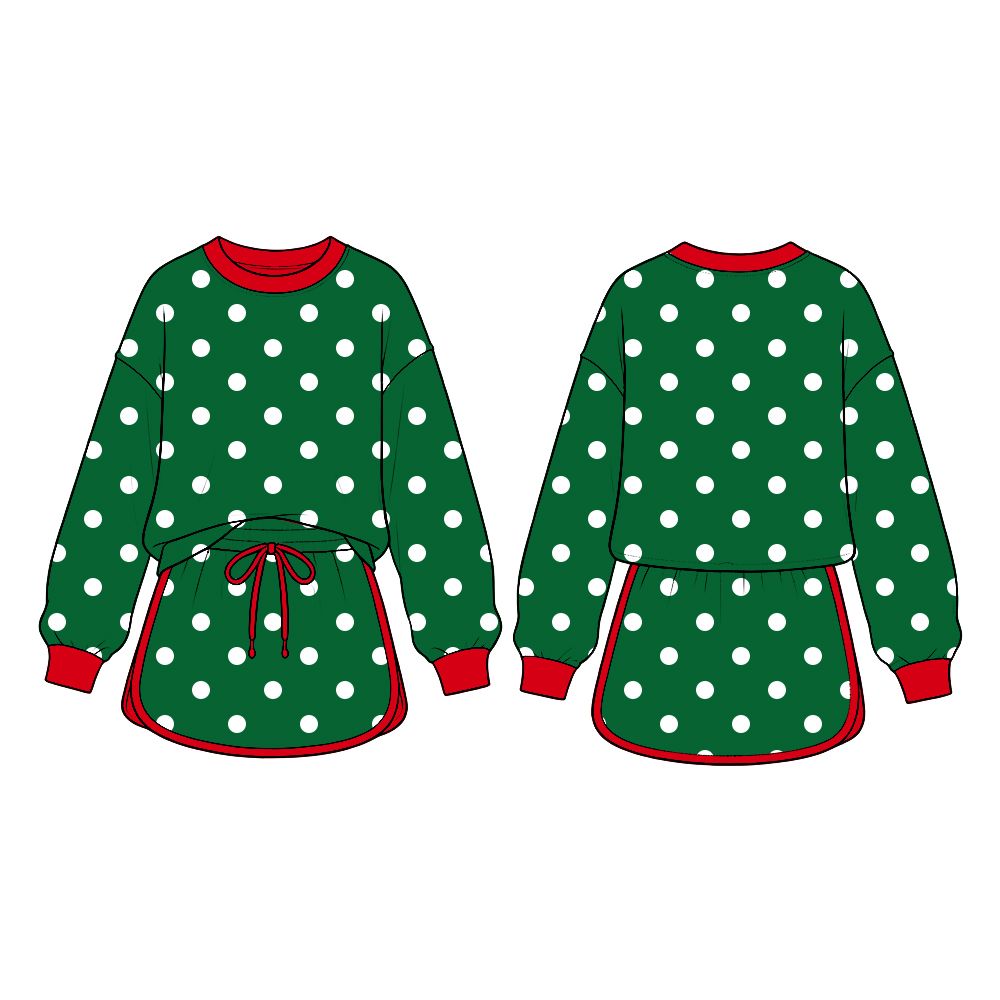 ( Moq 5 ) Preorder Baby Girls Kids Long Sleeves Dots Shirt Skirt Shorts Green Set Christmas Clothes