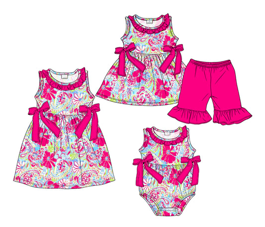 ( Moq 5 Each Style ) Sibling Baby Girls Kids Pink Bows Flower Romper Dress Set Clothes