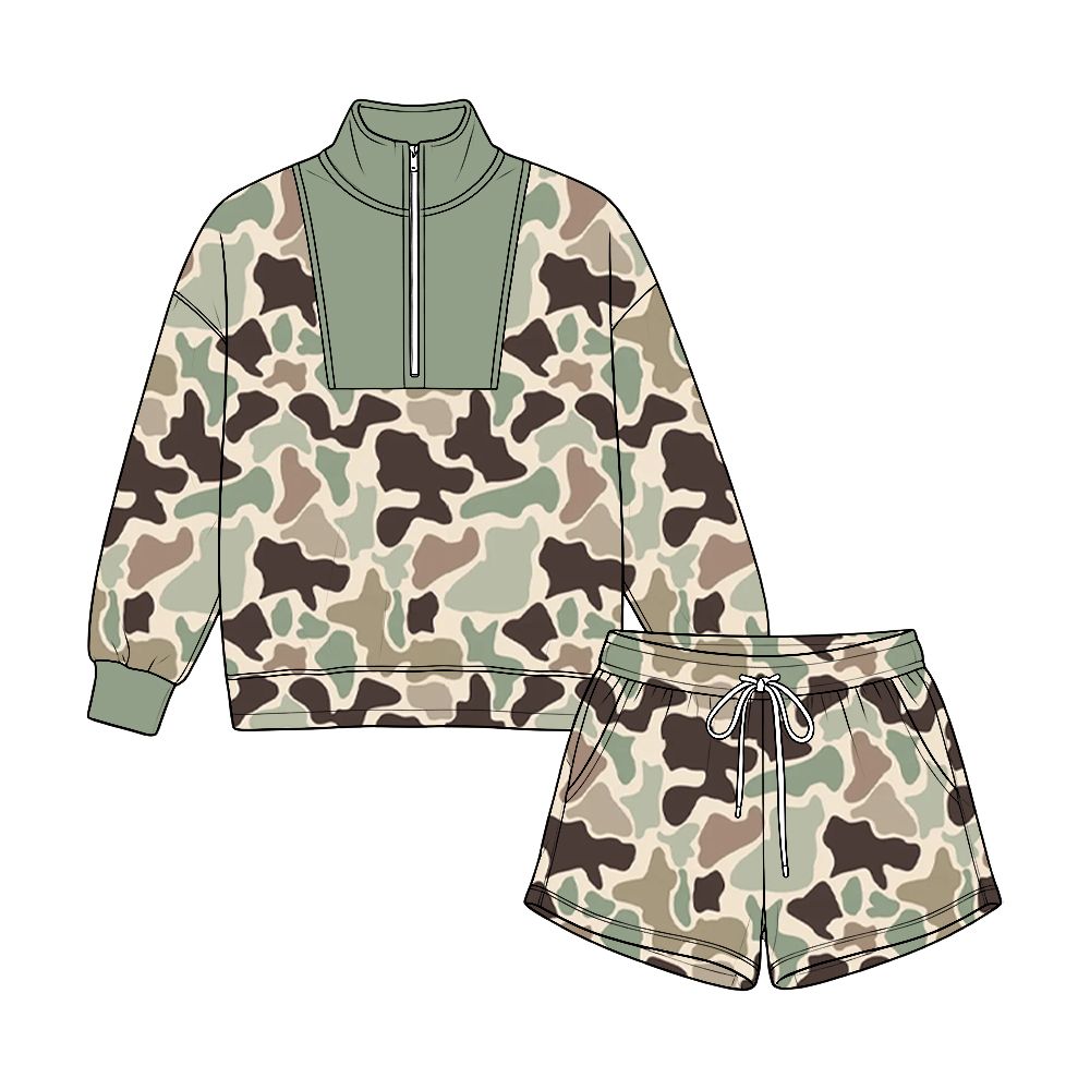 ( Moq 5 ) Preorder Baby Boys Kids Camo Green Long Sleeves Zipper Pullover Pockets Shorts Set Clothes