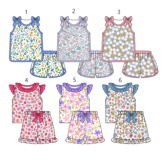 ( Moq 5 Each Style ) Sibling Baby Girls Kids Flower Bows Shirts Shorts Sets Summer Clothes