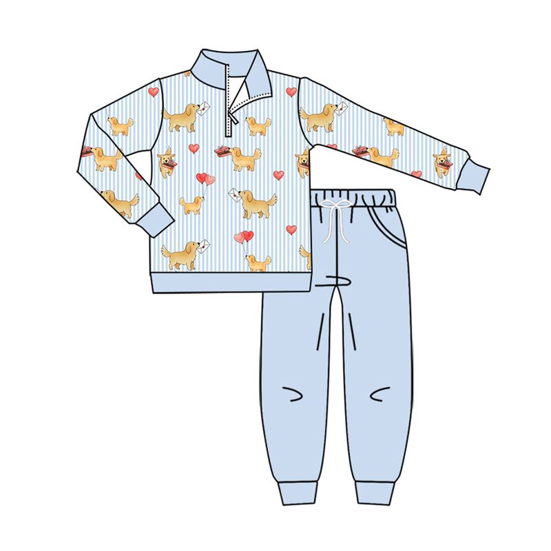 ( Moq 5 ) Preorder Baby Boy Kids Dogs Hearts Zipper Shirt Blue Pockets Pants Valentine Set Clothes