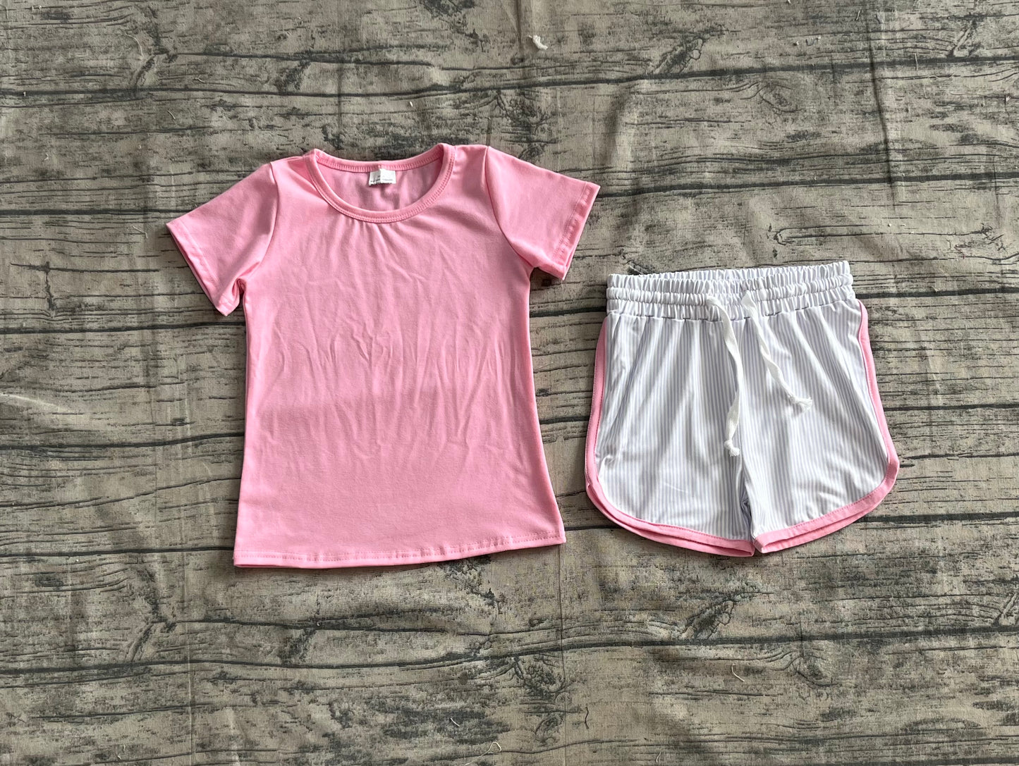 Preorder Baby Girl Short Sleeves Pink Cotton Shirt Stripes Shorts Set RTS