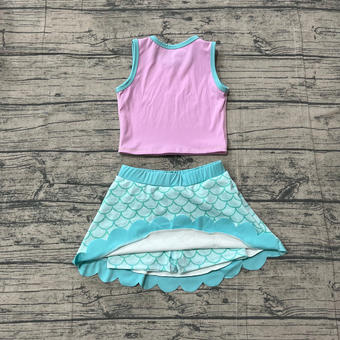 ( No moq ) Preorder Baby Girls Kids Pink Shirt Scallop Green Skirt Shorts Yoga Active Set Clothes