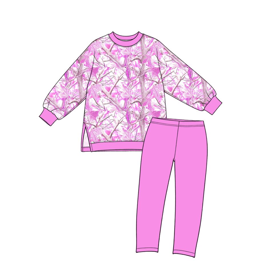 ( Moq 5 ) Preorder Baby Girls Kids Long Sleeves Leaves Tops Pink Leggings Yoga Set Camo Clothes