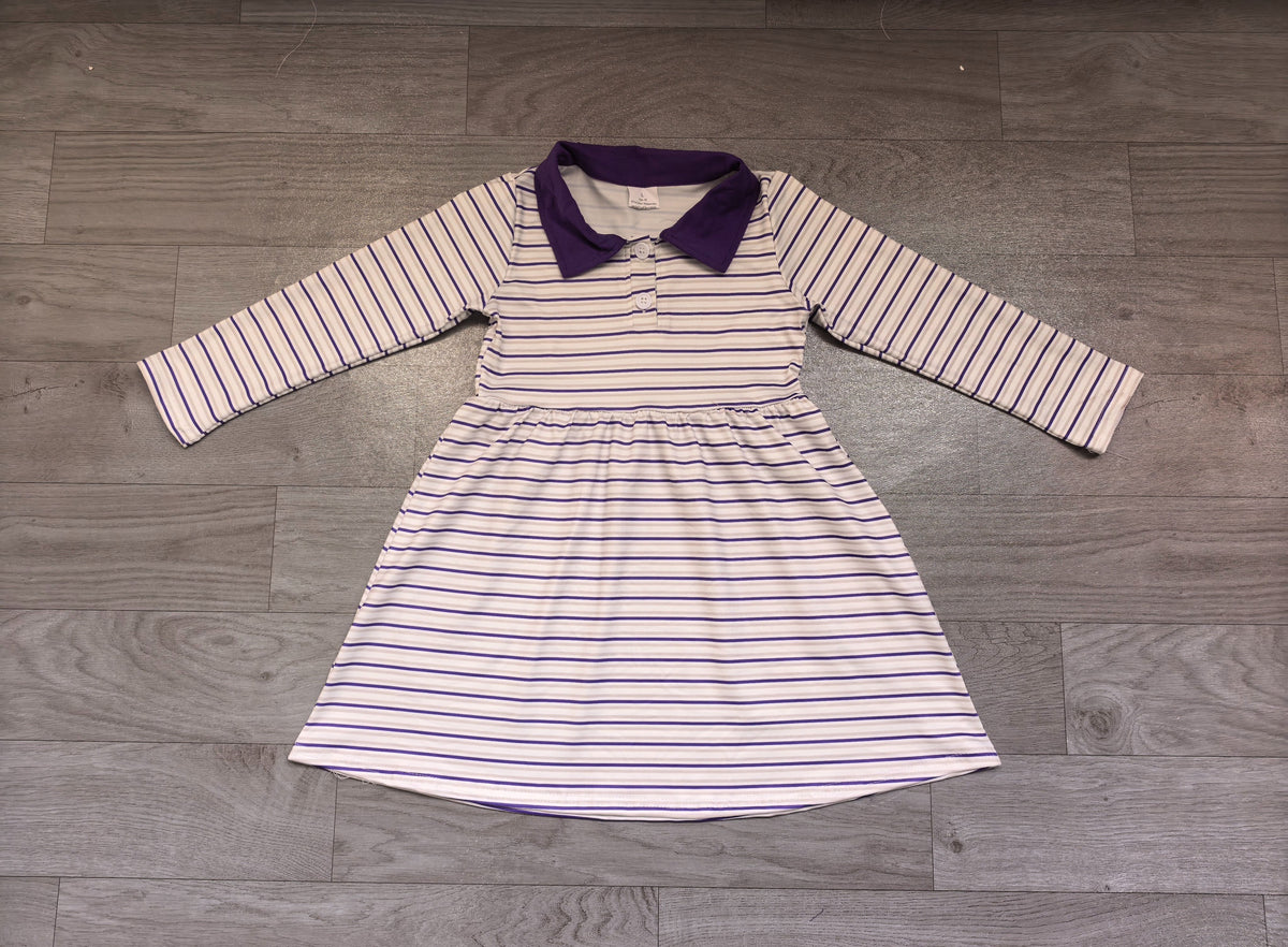 ( No moq ) Preorder Baby Girls Long Sleeves Purple Stripes Mardi Gras Knee Length Dress Clothes