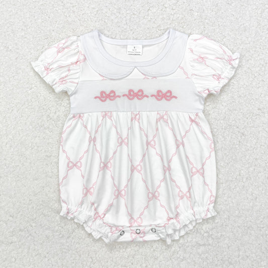 Baby Girl Long Sleeves Embroidery Pink Bows Short Sleeves Romper