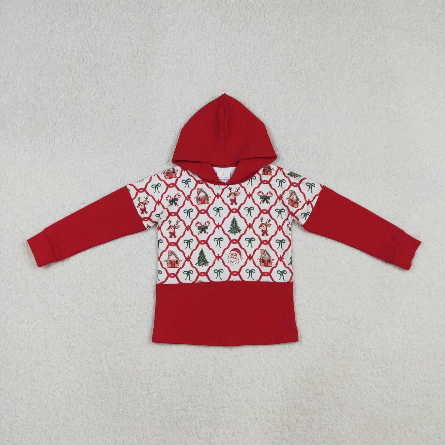 Girls Kids Red Long Sleeves Bows Trees Santa Christmas Hoodie Shirt RTS