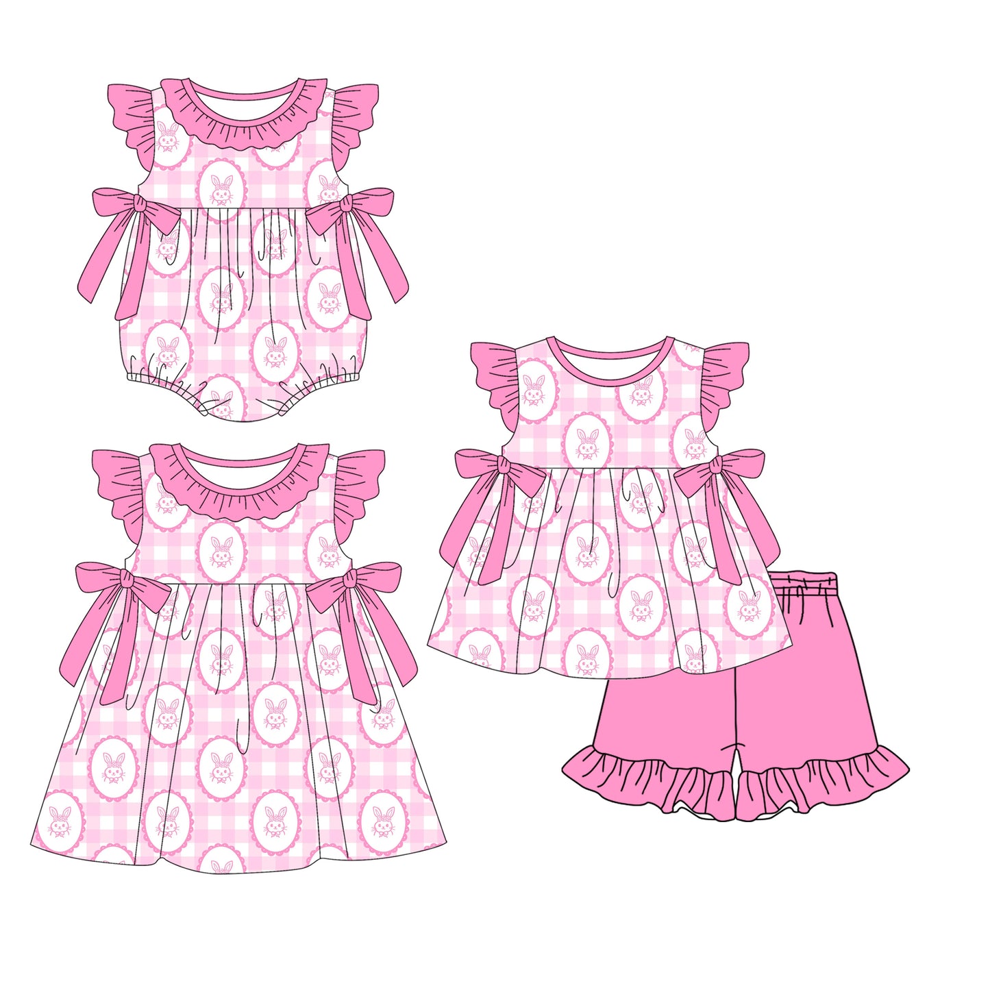( Moq 5 Each Style ) Baby Girls Kids Short Sleeves Rabbits Plaid Bows Sibling Easter Romper Dress Set