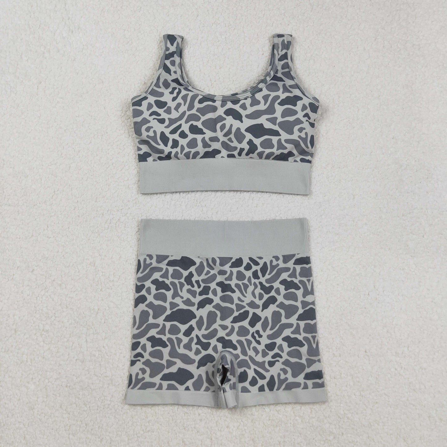 Adult Woman Sleeveless Grey Camo Tank Tops Shorts Knitted Yoga Set RTS