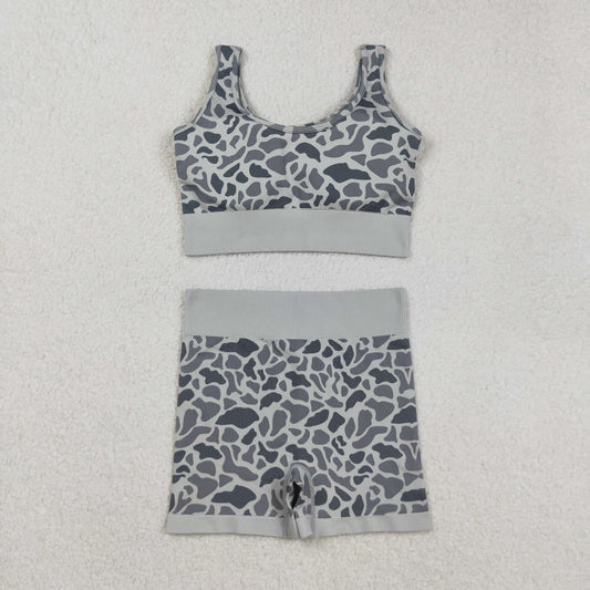 Adult Woman Sleeveless Grey Camo Tank Tops Shorts Knitted Yoga Set RTS