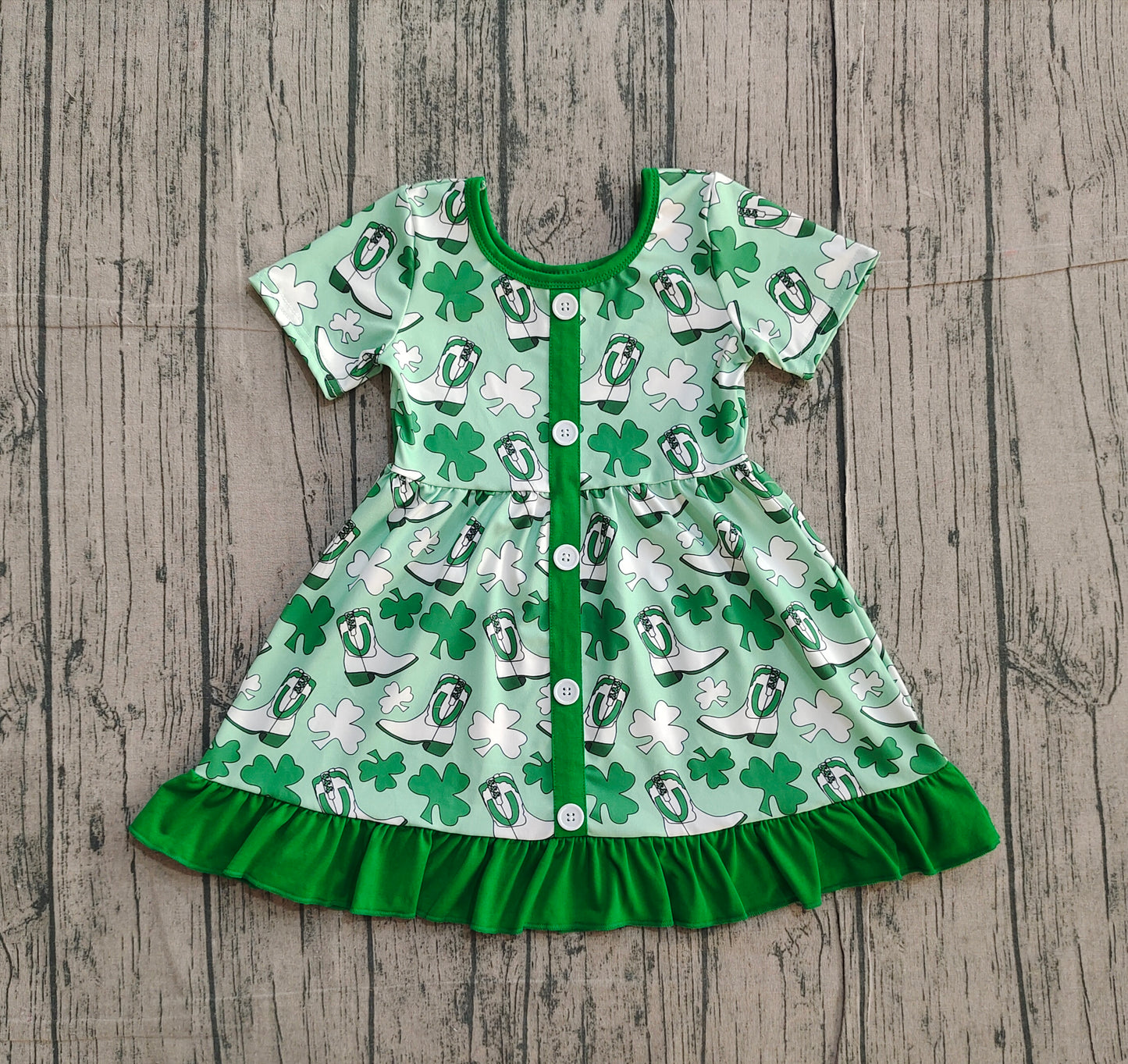 ( No moq ) Preorder Baby Girls Kids Short Sleeves Clovers Boots St Patrick Ruffle Green Dress