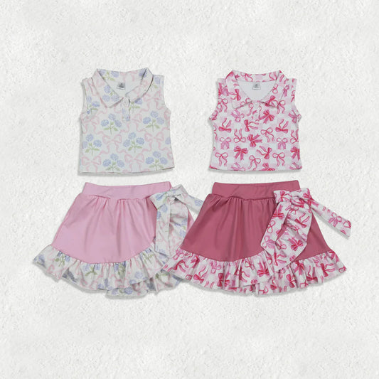 Sibling Baby Girls Bows Flower Buttons Tops Ruffle Pink Skirts Shorts Yoga Active Clothes Sets RTS