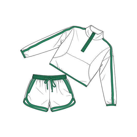 ( Moq 5 ) Preorder Baby Girls Kids Long Sleeves Green Zipper Tops Shorts White Set Clothes