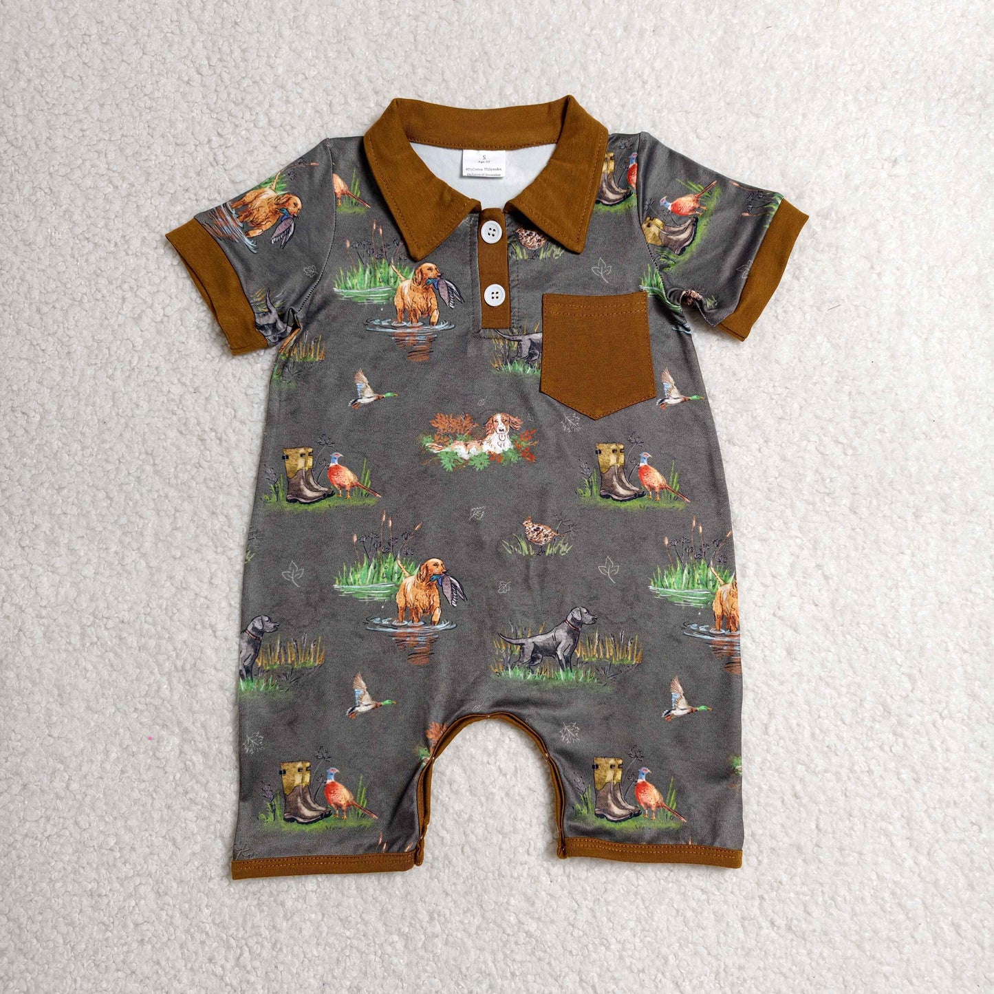 Sibling Baby Boys Kids Short Sleeves Ducks Dogs Buttons Romper Set Hunting Clothes RTS
