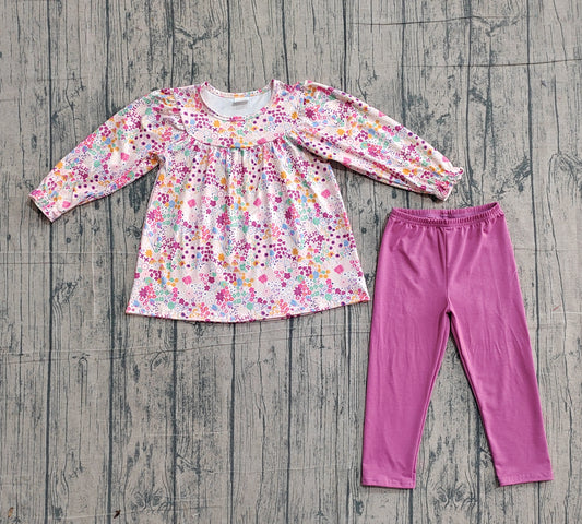 ( No moq ) Preorder Baby Girls Kids Long Sleeves Floral Tops Purple Pants Clothes Set