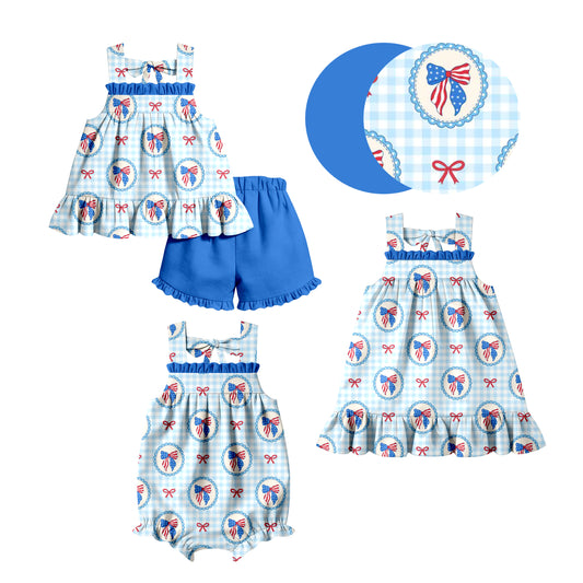 ( Moq 5 Each Style ) Baby Girls Kids Sleeveless Bows Plaid Sibling 4th of July Romper Dress Set
