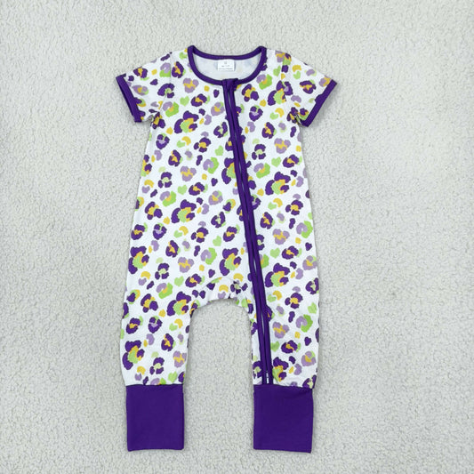 Baby Girls Infant Leopard Mardi Gras Footie Sleeper Zipper Romper Clothes RTS