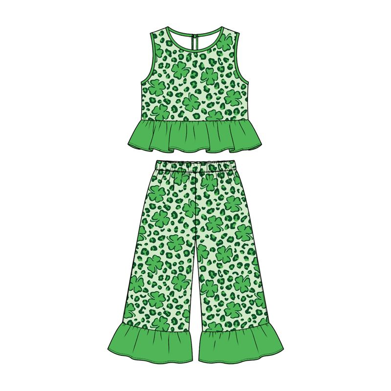 ( Moq 5 ) Preorder Baby Girls Kids Green Leopard Clovers Tops Ruffle Pants Set St Patrick Clothes