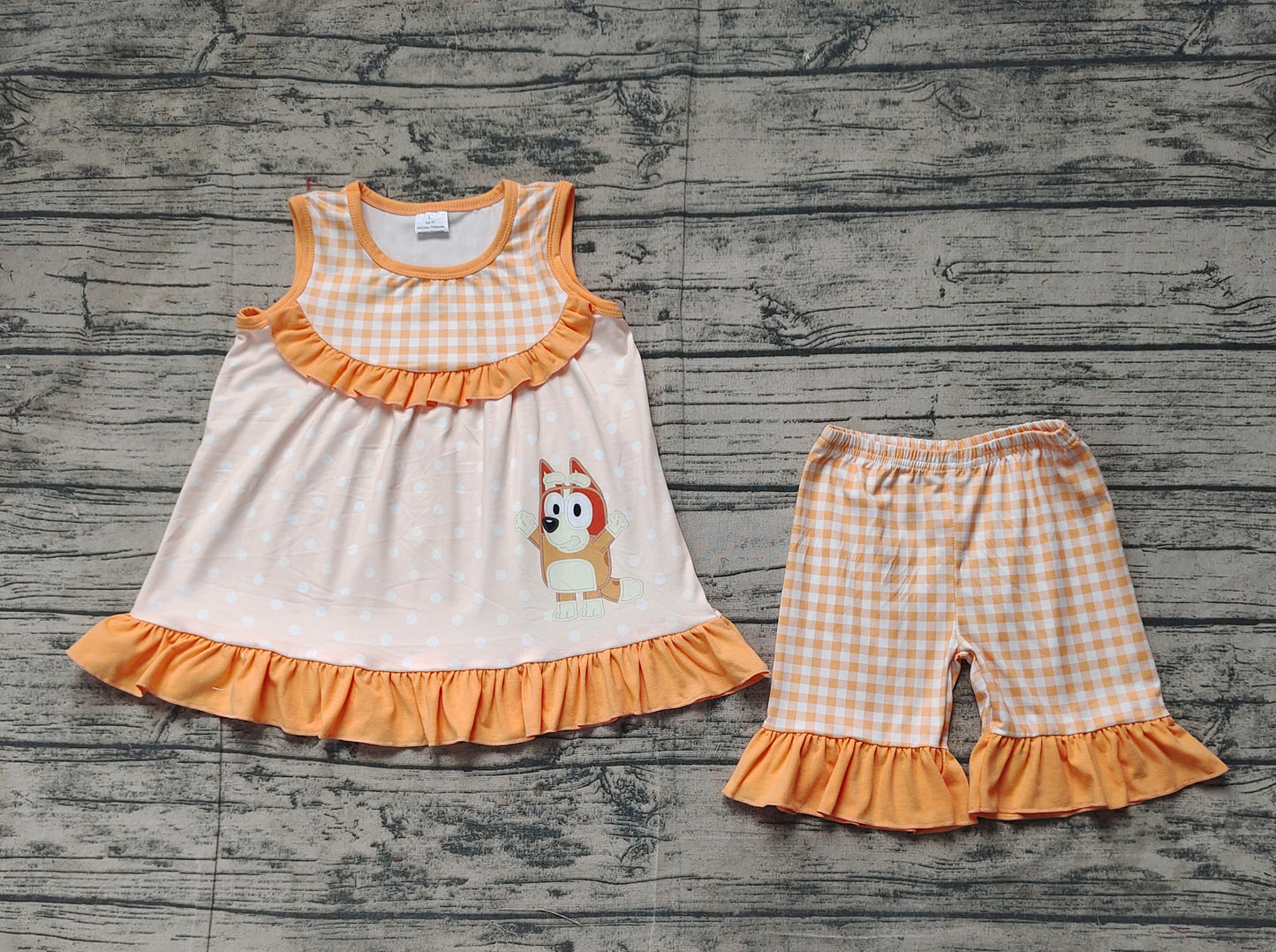 Baby Girls Orange Dots Dogs Tunic Ruffle Shorts Clothes Set RTS