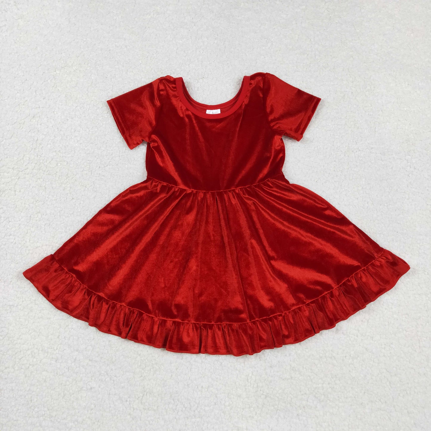 Baby Girl Short Sleeves Red Velvet Ruffle Knee Length Dress RTS