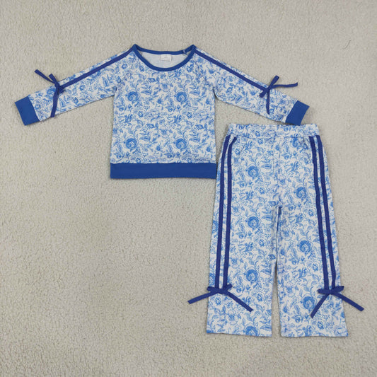 Baby Girls Kids Long Sleeves Flower Blue Bows Shirt Pockets Pants Set Clothes RTS