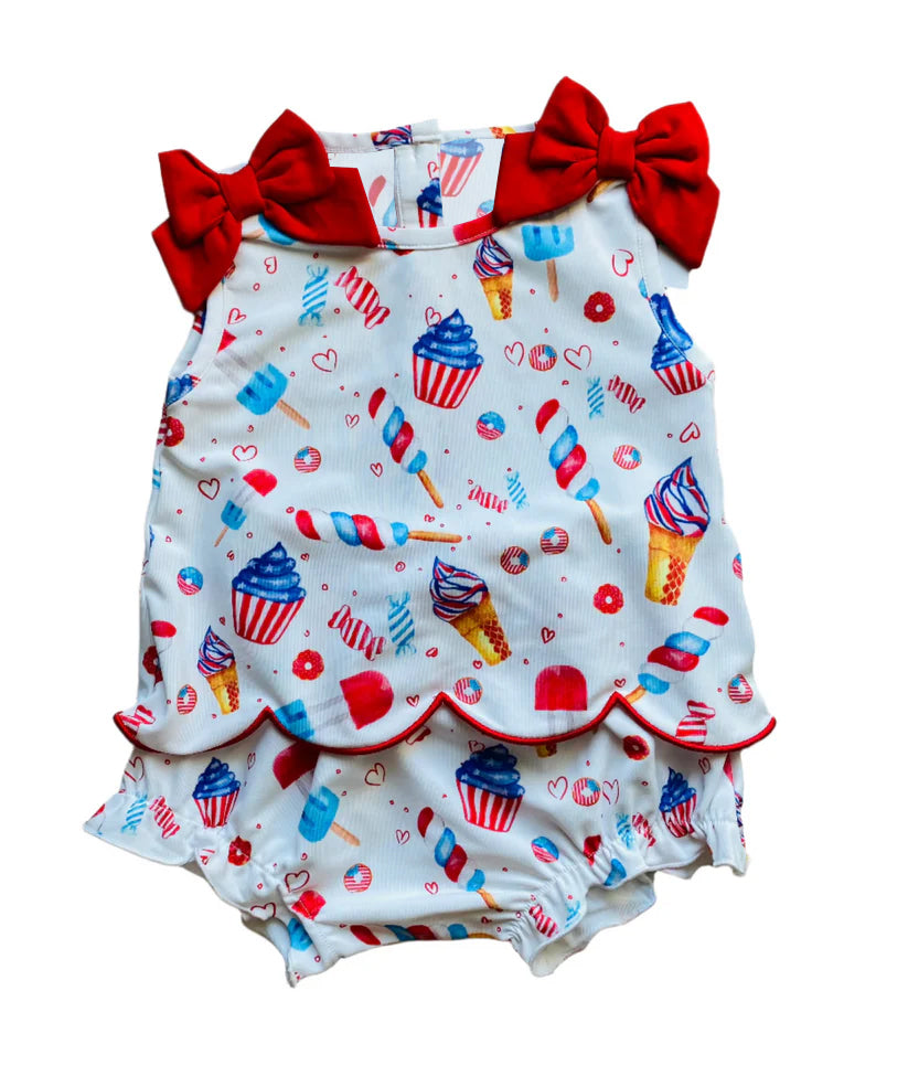 ( Moq 5 ) Preorder Baby Girl Kids Popsicle Cakes Scallop Tops Bummie Shorts Set 4th of July Clothes