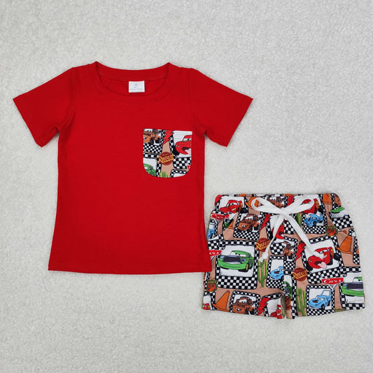 Baby Boy Red Short Sleeves Pocket Shirt Car Cactus Shorts Clothes Set RTS