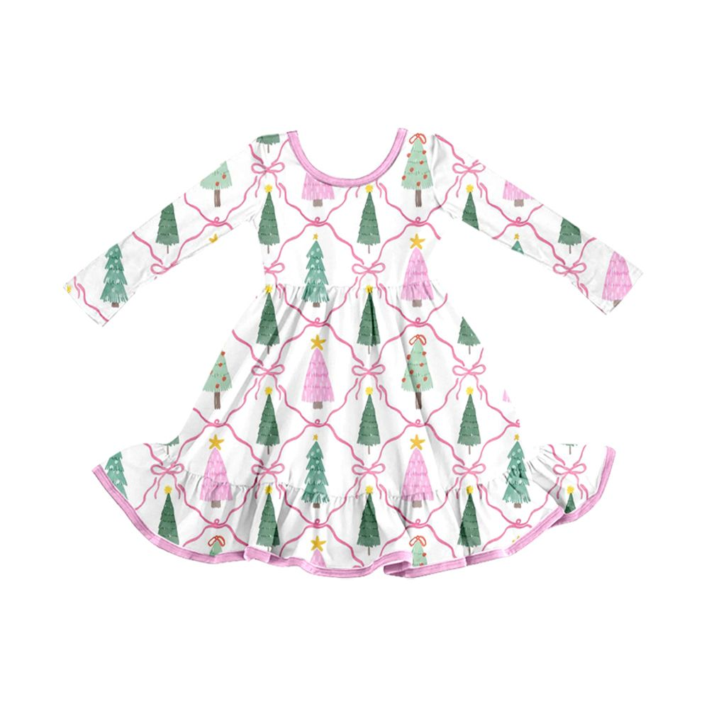 ( Moq 5 ) Preorder Baby Girls Kids Long Sleeves Christmas Tree Bows Knee Length Pink Dress